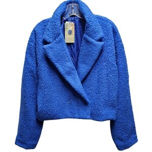 BTFBM Women’s Royal Blue Bouclé Coat – Size XL – Cropped, Double‑Breasted – NWT